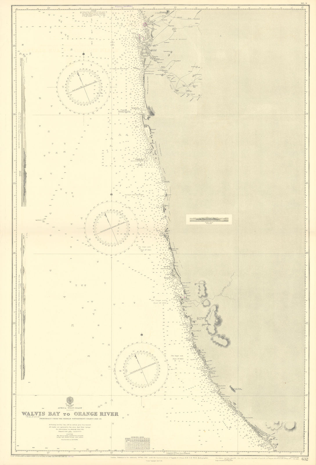 South Namibia coast. Walvis Bay-Orange River ADMIRALTY sea chart 1881 (1954) map